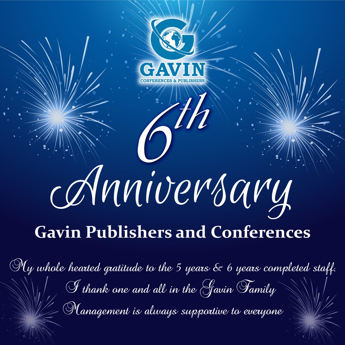 We are Celebrating our 6th Anniversary. Thank you for all of the contributions you have made in making our company successful.
#gavinpublishers #journals