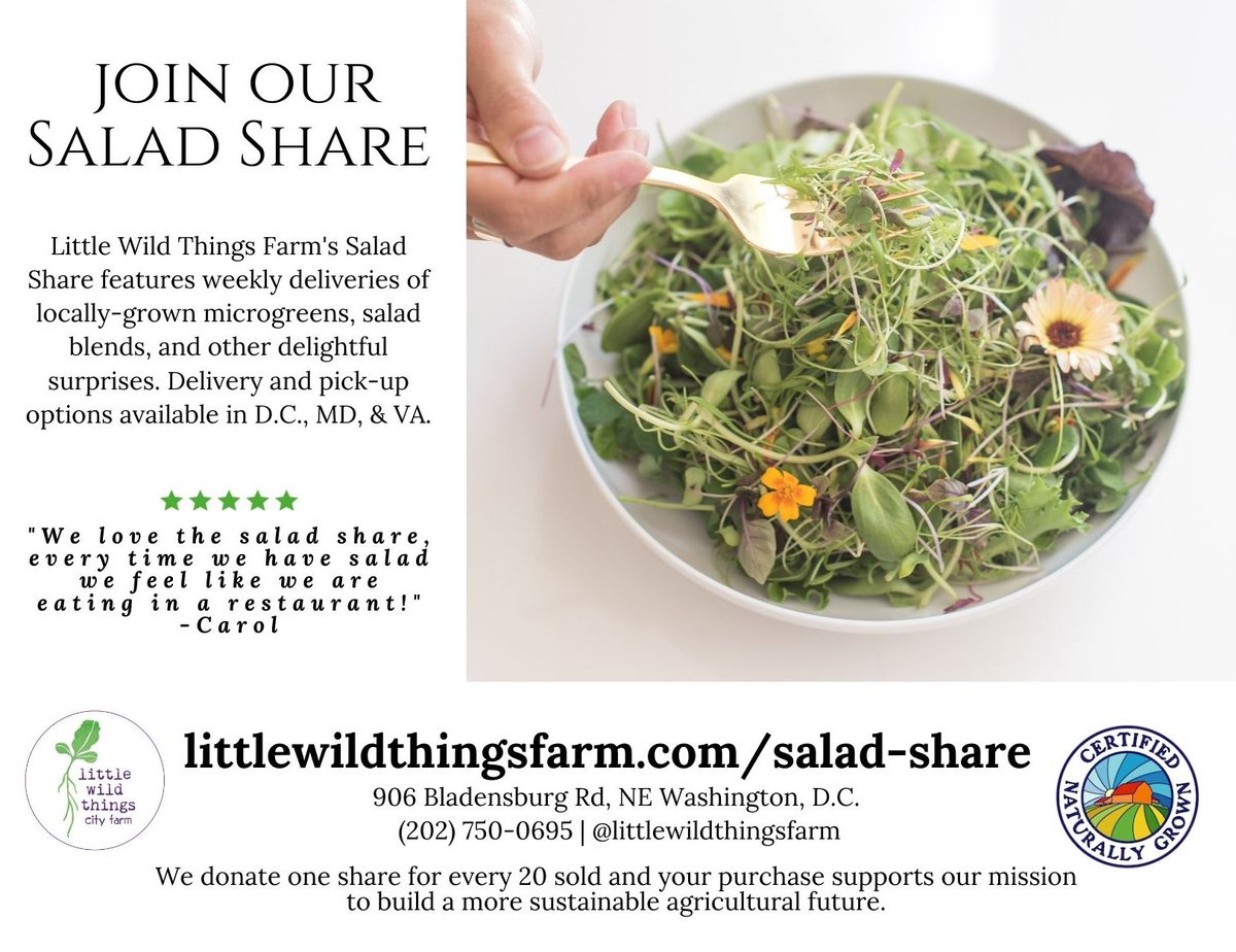 see this <a href="/lwtfarm/">Little Wild Things</a> message: 

"Little Wild Things' Autumn Salad Share starts Oct 6th with a neighborhood pick-up option in #BloomingdaleDC at 2nd &amp; U St NW 

Visit littlewildthingsfarm.com/salad-share for more info &amp; to sign up - new customers can use the code "BLOOMINGDALE" for $20 off!"