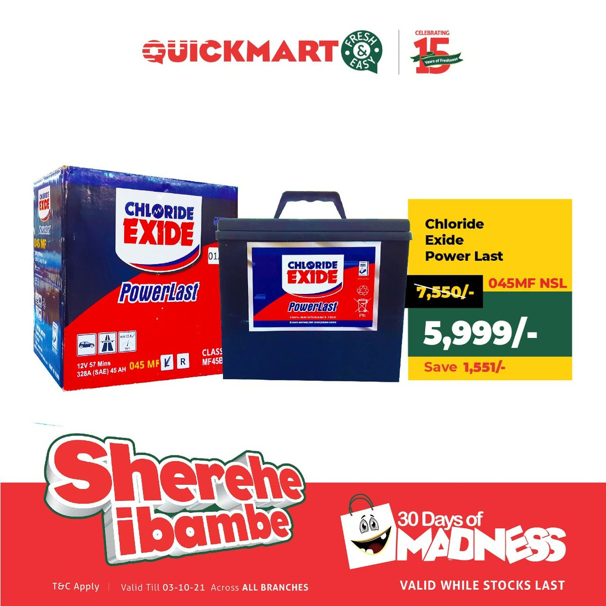 QuickmartKenya's tweet photo. Story ya kukwama kwa barabara na kuleta jam bure tuache tafadhali. Beba hii battery mpya chapchap kutoka Quickmart leo.
Valid till 3rd October.
#15YearsofFreshness #ShereheIbambe #QuickmartTurns15 #FreshandEasy
#30DaysOfMadness https://t.co/mGFa5s92Ru