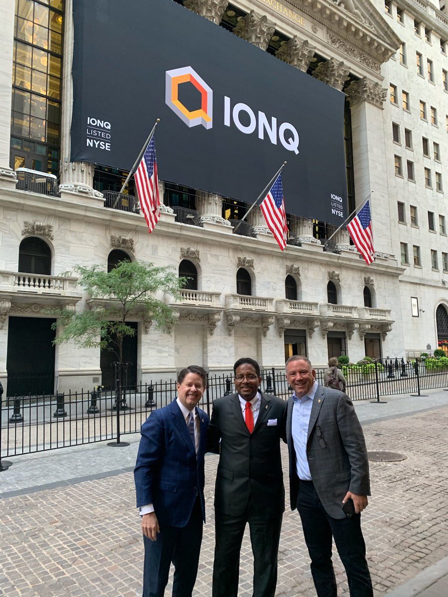 President_Pines's tweet photo. At @NYSE with @kenulman and Mike Poterala to celebrate IPO of @IonQ_Inc today.
$IONQ is the revolutionary startup born out of #UMD research and headquartered in our Discovery District in College Park. https://t.co/7mV5eTsalZ