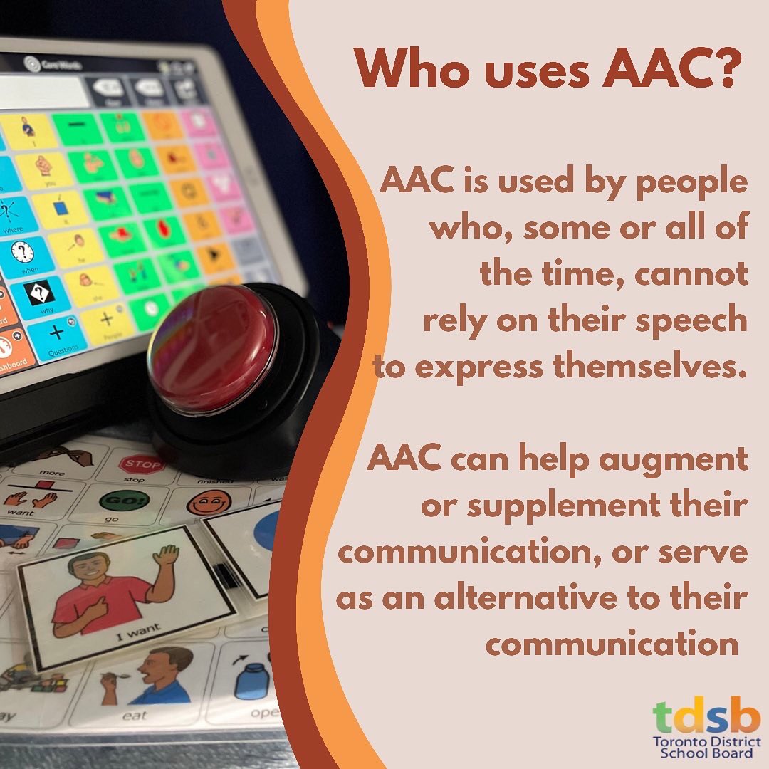 TDSB_SLP's tweet photo. October is Augmentative and Alternative Communication Awareness Month! Check out our post on Instagram for more information and helpful tips when talking with a person who uses AAC… https://t.co/UYuVyoBEsR
#tdsb #aac #communication #AACawarenessmonth #slp #speechpathology https://t.co/lN12vDMO0e