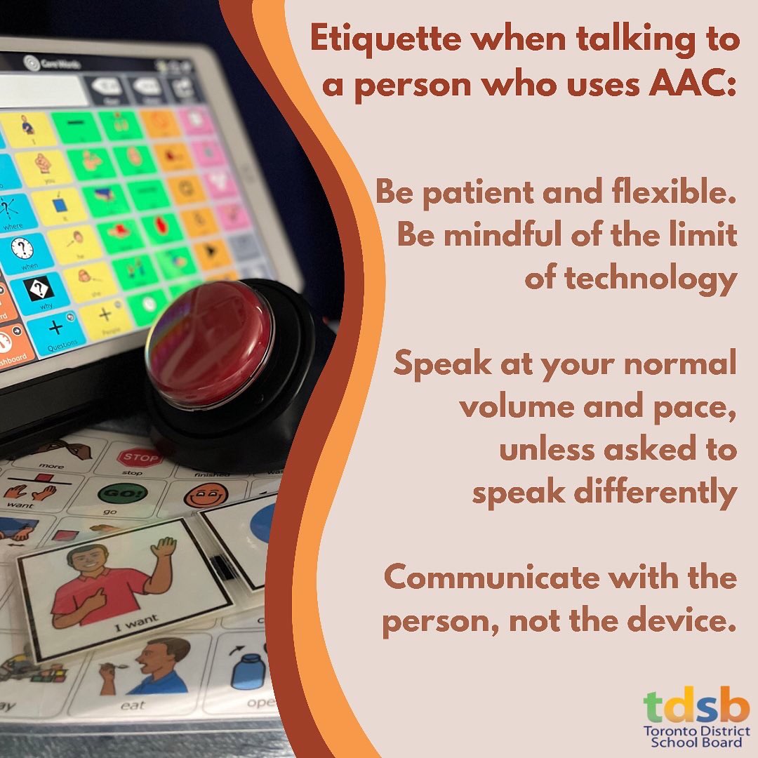 TDSB_SLP's tweet photo. October is Augmentative and Alternative Communication Awareness Month! Check out our post on Instagram for more information and helpful tips when talking with a person who uses AAC… https://t.co/UYuVyoBEsR
#tdsb #aac #communication #AACawarenessmonth #slp #speechpathology https://t.co/lN12vDMO0e