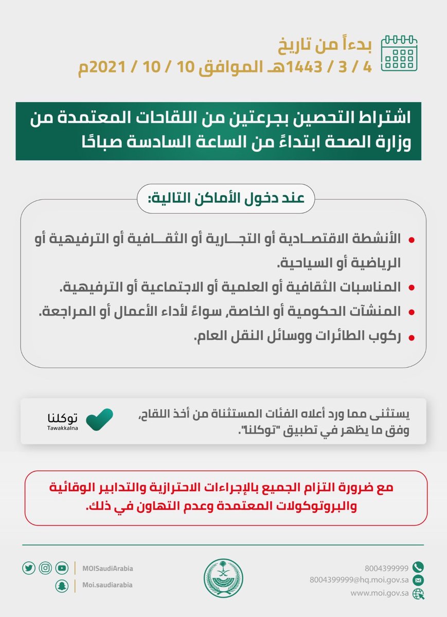 عاجل 🔴 
.

.
وزارة الداخلية :

بدءًا من تاريخ 4 / 3 / 1443هـ الموافق 10 / 10 / 2021م .. اشتراط التحصين بجرعتين من اللقاحات المعتمدة من وزارة الصحة ابتداءً من الساعة الـ (6) صباحًا عند دخول عدد من الأماكن والأنشطة.
-