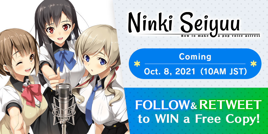 shiravune's tweet photo. Ninki Seiyuu: How to Make a Pop Voice Actress will release Oct. 8, 2021 at 10AM JST!

FOLLOW @Shiravune &amp; RETWEET this to WIN a free copy of this love-comedy adventure into the world of professional voice acting!
#NinkiSeiyuu https://t.co/gHerxqkh8f