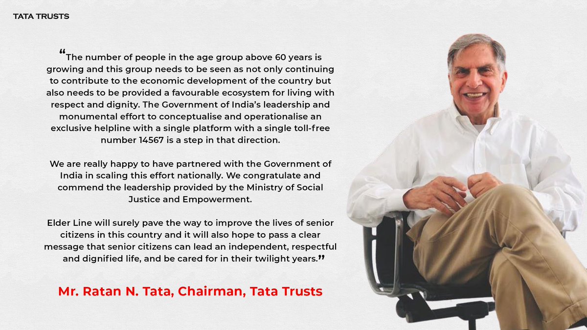 Tata Trusts (@tatatrusts) on Twitter photo Tata Trusts Chairman <a href="/RNTata2000/">Ratan N. Tata</a> shares his thoughts on the importance of recognising the needs of senior citizens and enabling them to live a life of respect and dignity, at the launch of Elder Line. #WorldElderDay Tata Trusts Chairman <a href="/RNTata2000/">Ratan N. Tata</a> shares his thoughts on the importance of recognising the needs of senior citizens and enabling them to live a life of respect and dignity, at the launch of Elder Line. #WorldElderDay