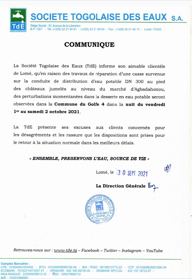 laTdE_SA's tweet photo. Annonce d'intervention sur réseau dans la #CommuneGolfe4, possibles #perturbations dans la déserte en eau potable dans cette commune.
@eau_tg @laTdE_SA @SPEAU2 @DAGL_TG @TogoOfficiel https://t.co/SAEa09YvMA