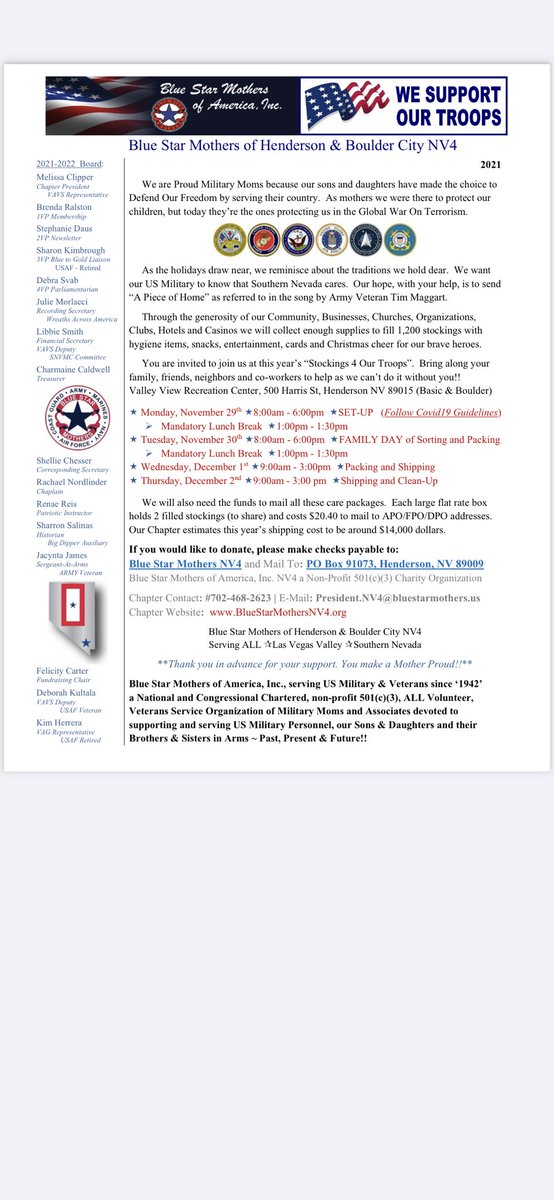 felicitysimonne's tweet photo. This year Blue Star Mothers NV4 has a Special Request - AUCTION ITEMS!!  

https://t.co/G1Tcpm8kKA will partner with us Monday, NOV 8, 2021.  We are looking to secure auction items ranging from gift baskets, gift cards, home services, show tickets, game tickets, memorabilia, https://t.co/kBatV0OjwQ