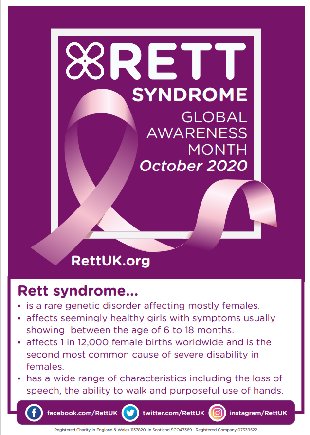 Craighalbert's tweet photo. Today marks the start of Rett Awareness month. Rett is a rare genetic disorder that affects brain development, estimated to affect 1:12,000 girls and is only rarely seen in boys. We are experienced in supporting children with Rett and are keen to raise awareness. #RettUK https://t.co/9RFjObXRrC