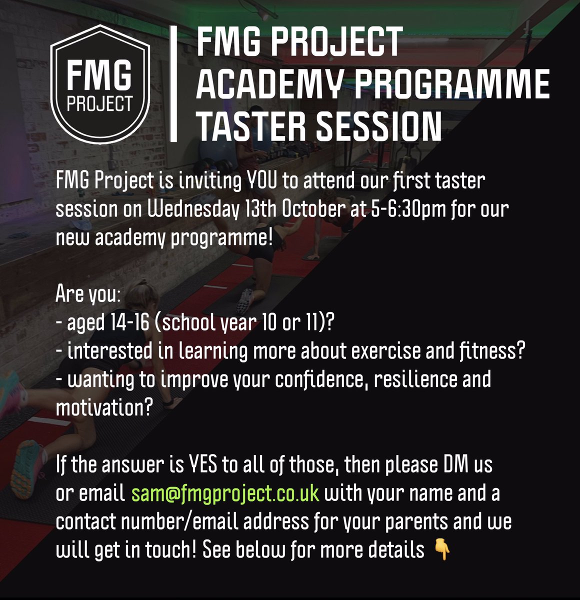 fmg_project's tweet image. Unfortunately, we had to postpone our taster session on Wednesday, but we have another one coming up on Wednesday 13th October (5pm)! 
~
Brighton-based young people aged 14-16 come and join us! 👊
