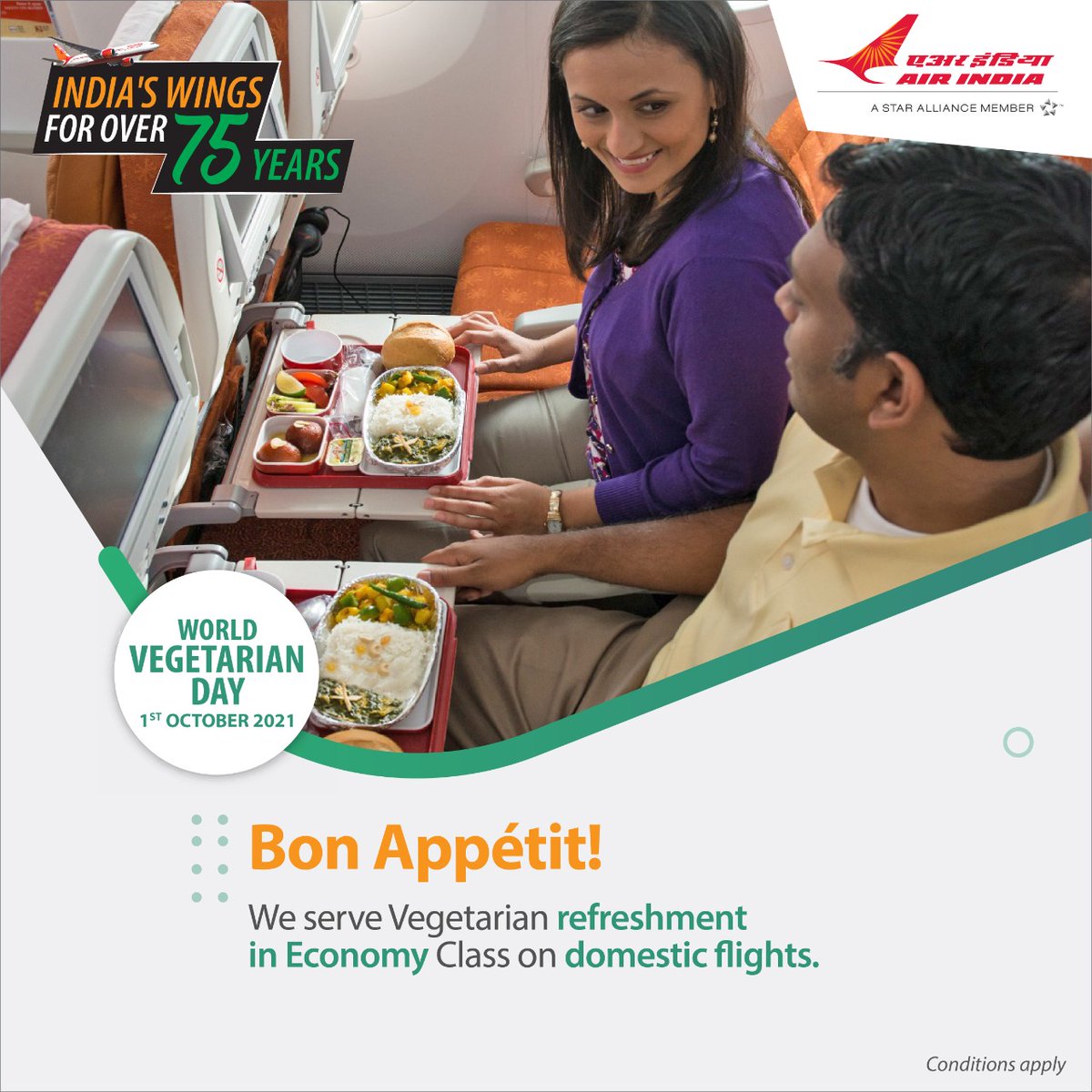 airindia's tweet photo. #FlyAI: At Air India, a major feature of our famed hospitality is the delightful spread of vegetarian food to suit your taste buds. #InFlightMenu #Vegetarian #WorldVegetarianDay https://t.co/HRuFe1pi7o