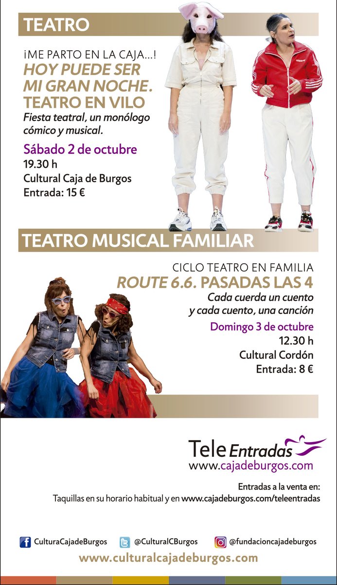 Fundcajaburgos's tweet photo. ¿Necesitas un plan cultural para animar el espíritu?
🟣Este finde:
Música: @Sheila_Blanco_   
Teatro cómico-musical: @teatroenvilo 

... y en unos días, el polifacético #AlbertPlà 

Música #brass viento-metal #EnSepia @spanishbrass, 

Teatro familiar #Pasadaslas4   🟣🟣 https://t.co/mUyRt2TM4b