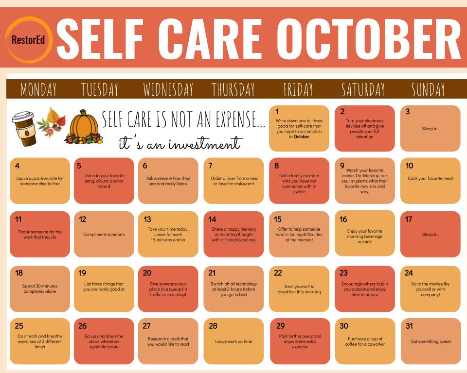 #SelfCare October is here! What are three self care goals that you hope to accomplish during October? Self Care is not an expense, it's an investment. #RestorEd #RestorativeJustice #RestorativePractices 📅