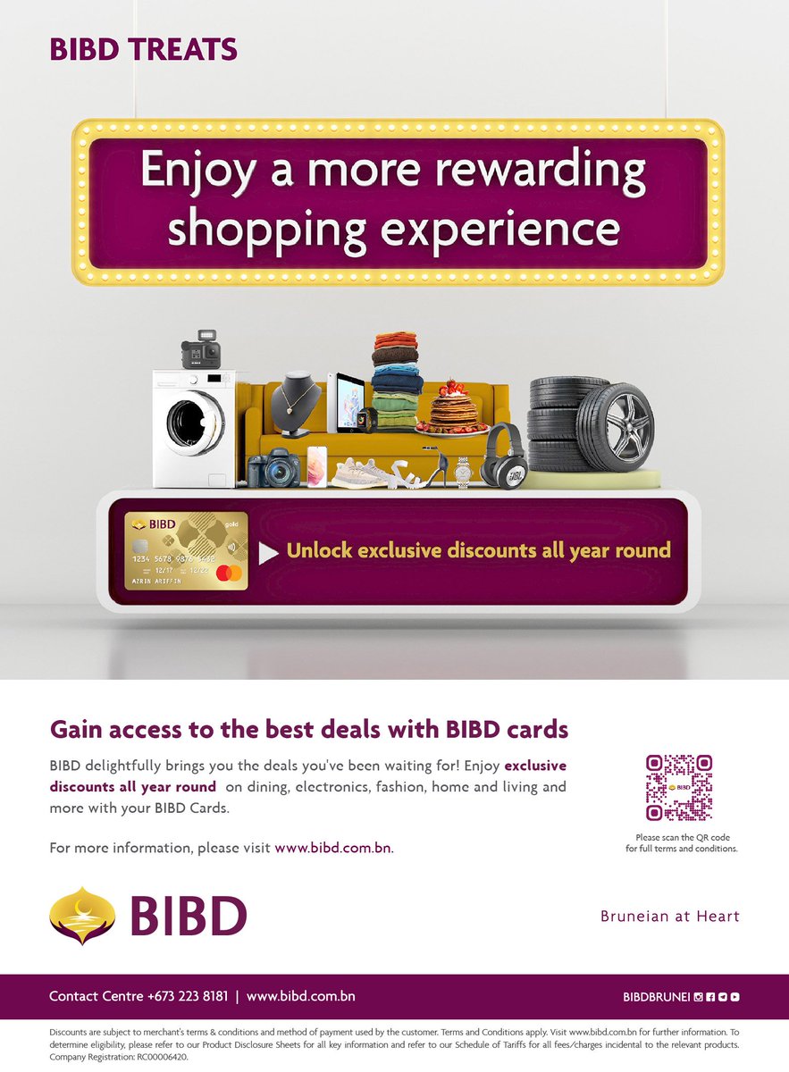 BIBDBRUNEI's tweet photo. Enjoy up to 45% discount when you shop with BIBD Cards all year long!
To see the list of merchants, see https://t.co/usf4c7cKfI
#bibdbrunei #bibdcards #bibdtreats https://t.co/u3Ozh3Ov5B