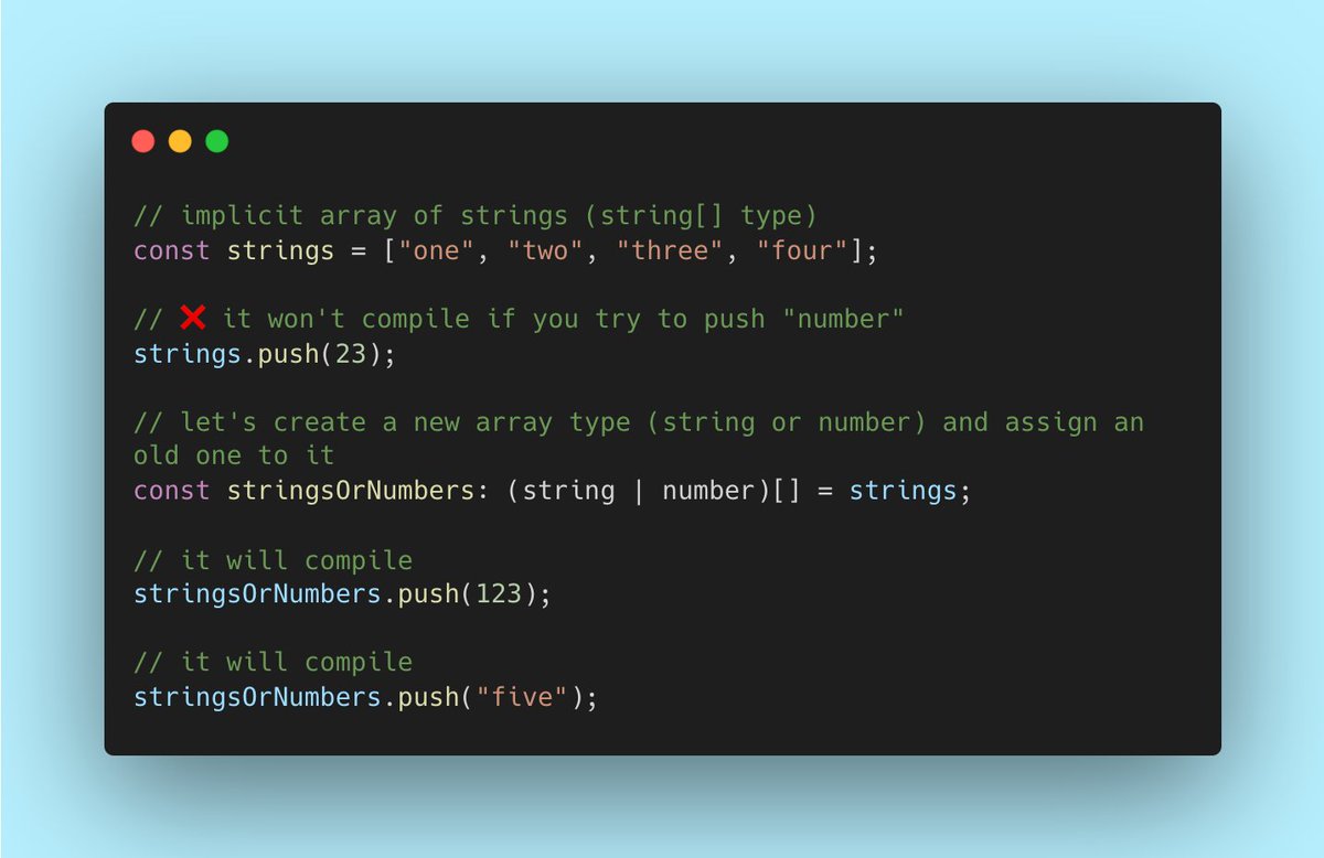 t_tarnowski's tweet photo. TypeScript Tip #10

I have an array of strings and I’d like to insert a number value there. 

How can I do it with TypeScript?

Answer: you need a new array of the union type “string | number” https://t.co/QstYxAO549