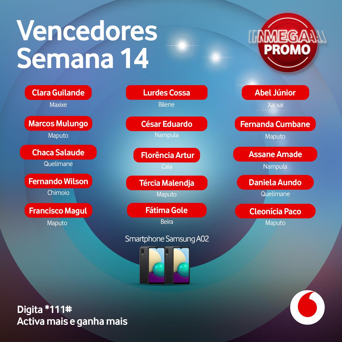 VodacomMz's tweet photo. Aqui estão os grandes vencedores da 14ª semana da #MegaPromo!
De Norte a Sul do País todos ganharam Smartphones para continuarem ligados a Rede 4.5G.
Também queres ter a chance de ganhar um Smartphone #SamsungGalaxyA02, uma #SmartTVSamsung , um #ModemWiFi ou até um #Carro0KM? https://t.co/E2rTpZUEAJ