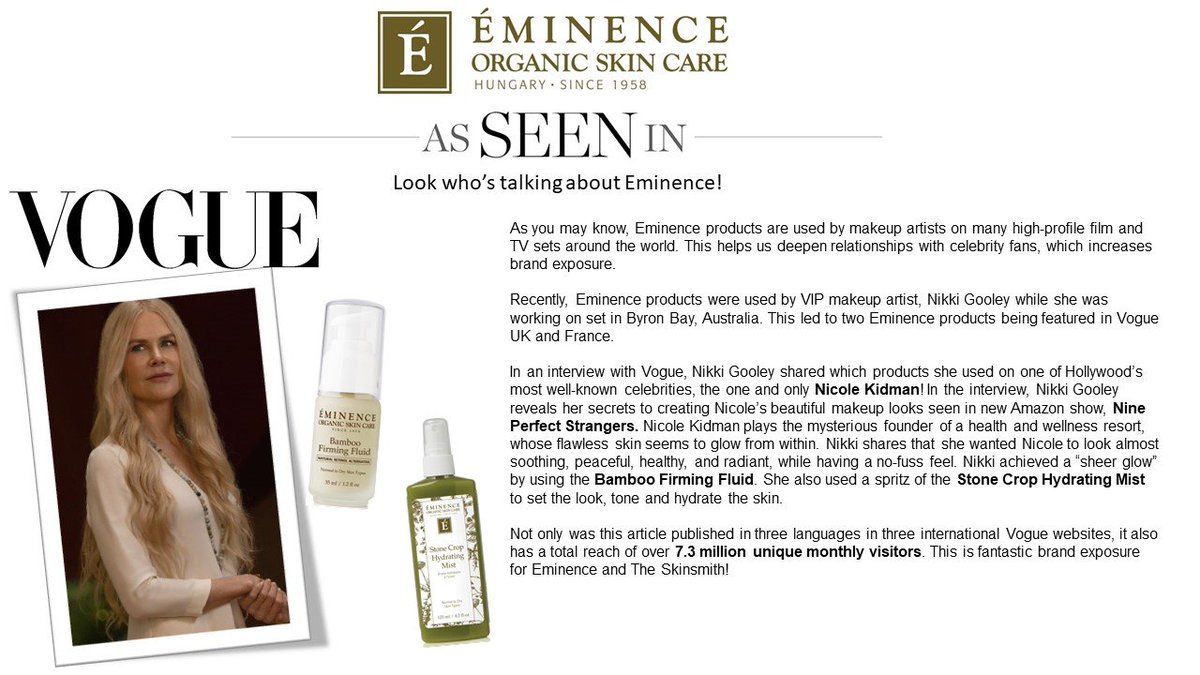 dermacaredirect's tweet image. If you are currently watching Amazon Prime’s Nine Perfect Strangers, you’ll be familiar with the mystery that is Masha Dmitrichenko, played by Nicole Kidman. In an Interview with Vouge Nicole talks about the @eminenceorganics products that were used to achieve her flawless look!