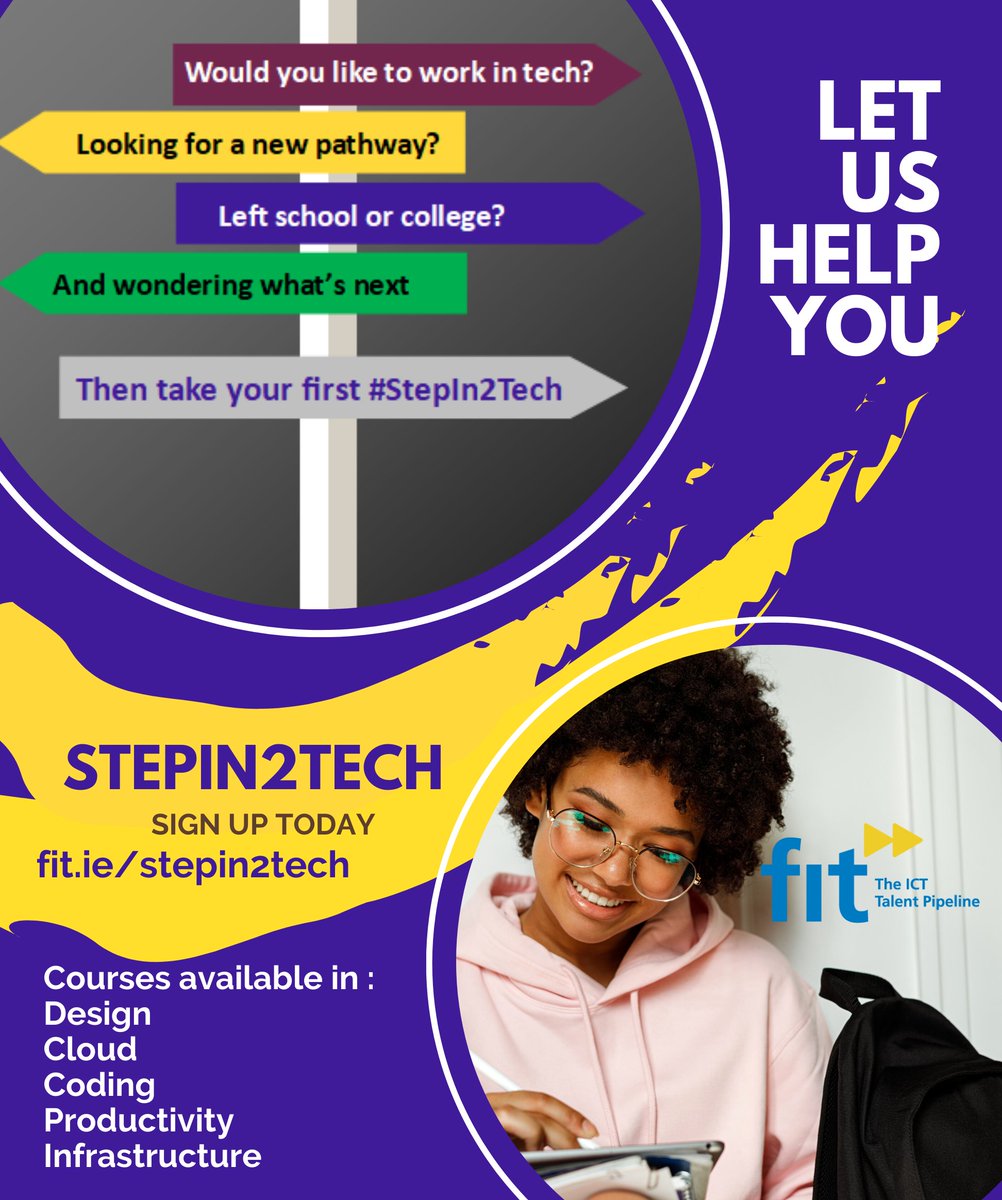 FastrackintoIT's tweet image. Would you like to work in Tech?
Looking for a new Pathway? Why not check out the Microsoft StepIn2Tech Program online. StepIn2Tech is a digital skills training programme developed by Microsoft Ireland, in partnership with FIT. fit.ie/stepin2tech
#stepin2tech #techireland
