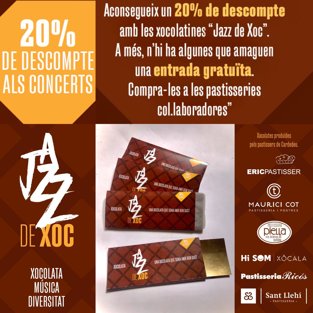 🍫 SABEU QUI ERA WILLY WONKA? Recordeu el conte de “Charlie i la fàbrica de xocolata?” Al cicle “Jazz de Xoc” podeu aconseguir també una butlleta daurada per entrar GRATIS als concerts. Estan amagades a les xocolatines “Jazz de Xoc” que trobareu a les pastisseries col-laboradores