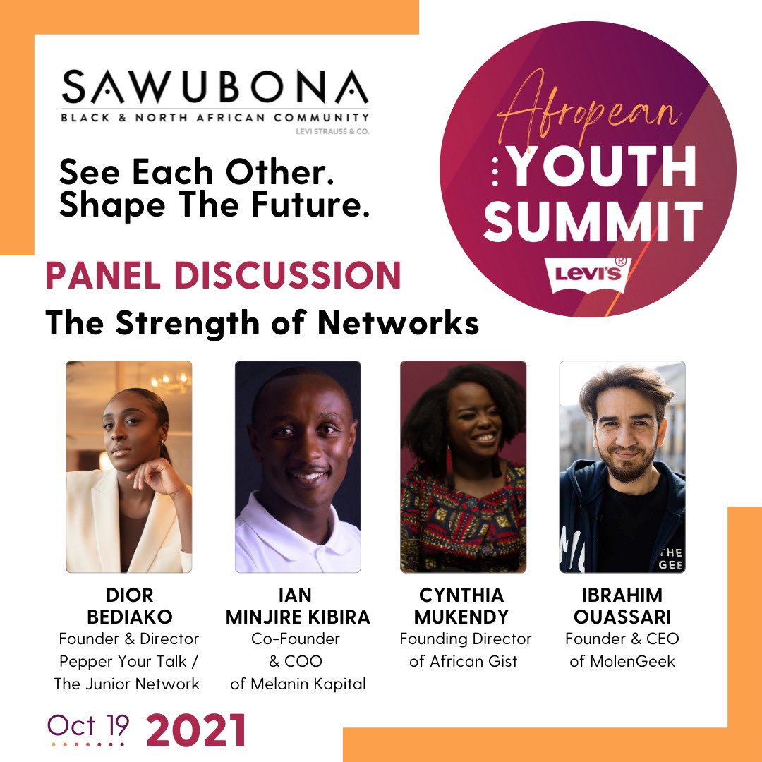 Excited to reveal more amazing Speakers! Join Dior Bediako @DiorRnCBediako, <a href="/pepperyourtalk/">Pepper Your Talk</a>, Ian Minjire <a href="/iminjire/">Stu_@_Minji</a> <a href="/MelaninKapital/">Melanin Kapital</a>, Cynthia Mukendy @thio_mkn @african_gist &amp; Ibrahim Ouassari <a href="/Ibiwas/">Ibrahim Ouassari</a> <a href="/molengeek/">MolenGeek</a>, as they discuss  “The Strength of Networks”