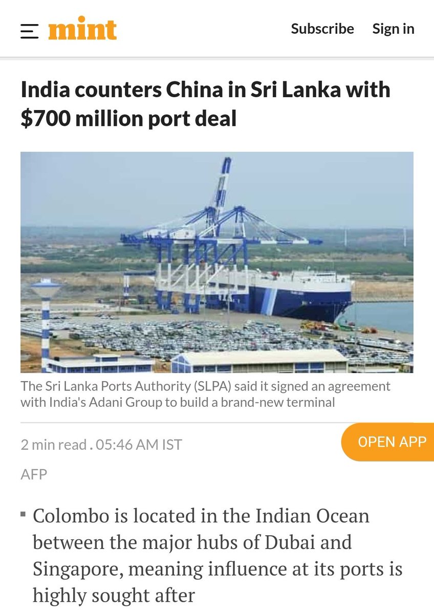 SinghKishu_'s tweet photo. #India 's Pvt. Company #Adaniport pushed back #China with a #BOT(Build,Operate& Transfer) agreement with #SriLanka for #WestTerminal of #ColomboPort .
Now China can only use it for trade & have to think a 1000times before using it for military purposes.
#ChinaShockedIndiaRocked https://t.co/K2MyXKmnyD