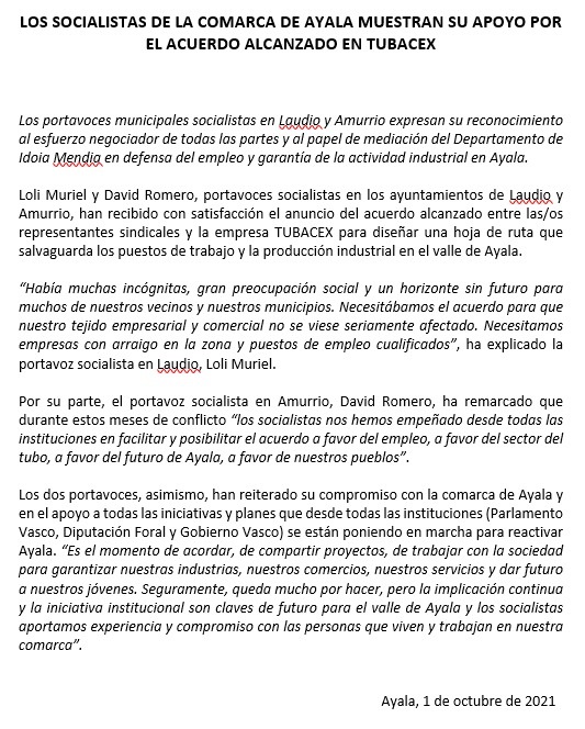 PSE_Amurrio's tweet photo. .@llodio y @PSE_Amurrio satisfechos con el acuerdo alcanzado entre los sindicatos y la empresa #TUBACEX para la salvaguarda de los puestos de trabajo y la producción en la @aiarakuadrilla.

👍 Asimismo, expresan su reconocimiento por el papel jugado por @LanDpto e @IdoiaMendia. https://t.co/YxtoyutIJZ