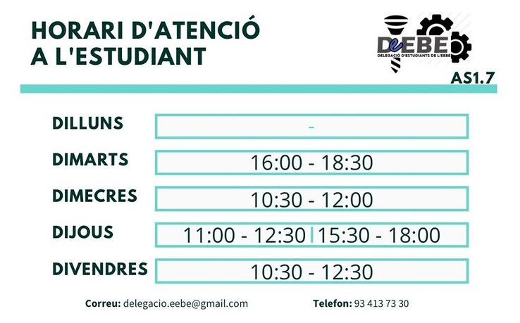 d_eebe's tweet photo. Ja estem de tornada! Per qualsevol dubte acadèmic o de funcionament de l'escola, podeu venir a demanar-ho en l'horari d'atenció a l'estudiantat. Ens trobem a la delegació (AS1.7), no dubteu en venir! https://t.co/3fgiVzc9QV