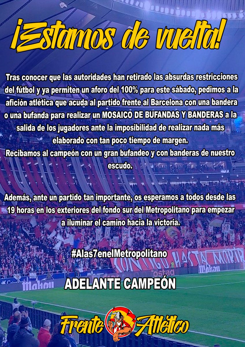 FA82Oficial's tweet photo. Mañana jugamos todos. ¡ESTAMOS DE VUELTA! #ALas7EnElMetropolitano https://t.co/iks4lCCAHB