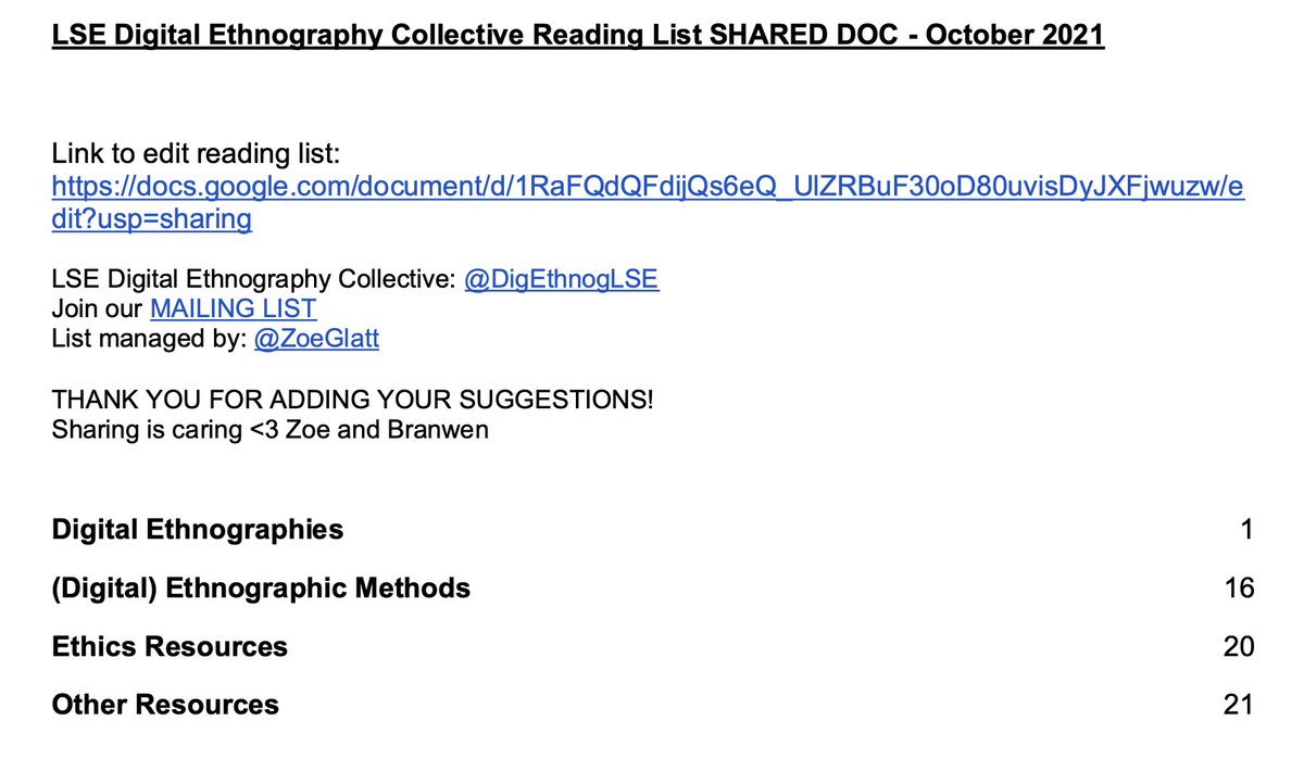 The Digital Ethnography Collective (@digecollective) on Twitter photo In anticipation of the upcoming <a href="/AoIR_org/">AoIR ➡️ 🐘 @AoIR@aoir.social</a> conference this month, here is our updated and streamlined ✨Digital Ethnography Reading List✨ It includes works from loads of AoIR members! 🥳🥳 #AoIR2021
View, share and add your own suggestions HERE: tinyurl.com/fpy2c8hz In anticipation of the upcoming <a href="/AoIR_org/">AoIR ➡️ 🐘 @AoIR@aoir.social</a> conference this month, here is our updated and streamlined ✨Digital Ethnography Reading List✨ It includes works from loads of AoIR members! 🥳🥳 #AoIR2021
View, share and add your own suggestions HERE: tinyurl.com/fpy2c8hz