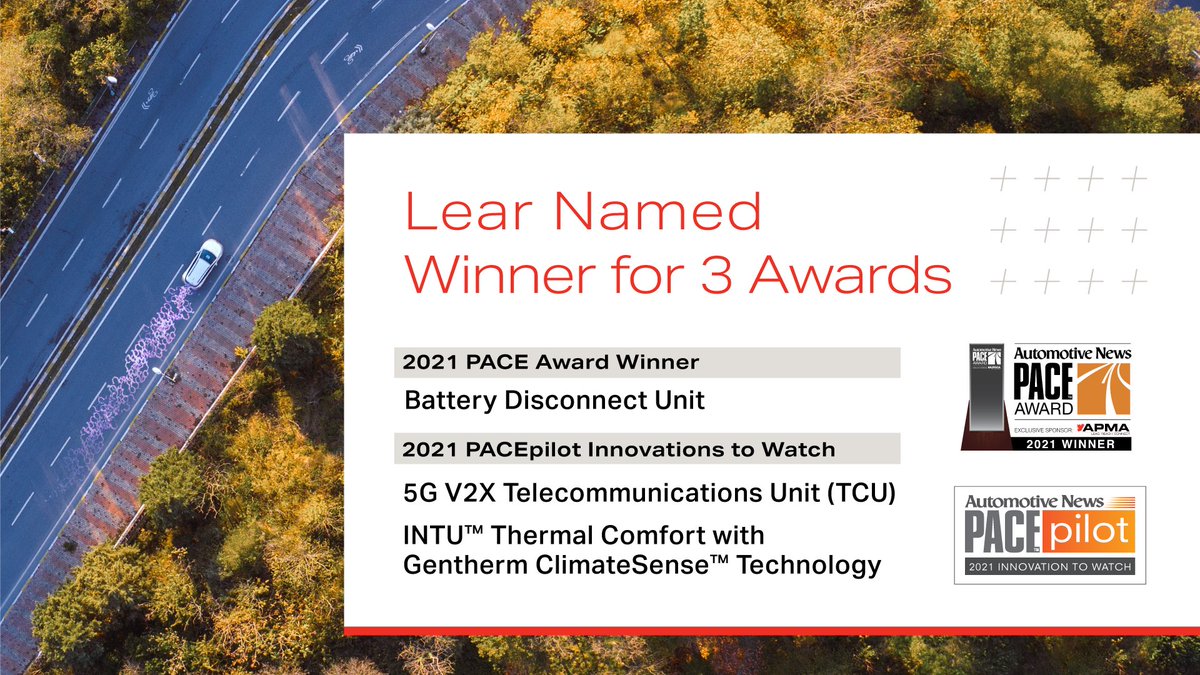 LearCorporation's tweet photo. @Automotive_News named our Battery Disconnect Unit a 2021 PACE Award Winner, and our 5G V2X Telecommunications Unit and INTU™ Thermal Comfort with @Gentherm ClimateSense™ Technology PACEpilot Innovations to Watch. Congrats to the #OneLear team! https://t.co/bFvEvFb9R1 #ANPACE https://t.co/8BhniyFV1J