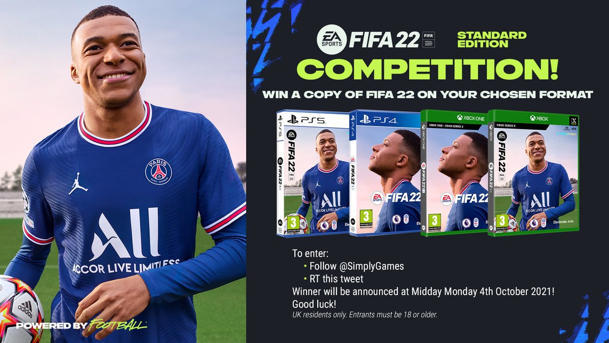 SimplyGames's tweet photo. 𝗖𝗢𝗠𝗣𝗘𝗧𝗜𝗧𝗜𝗢𝗡

Win a copy of #FIFA22 on your chosen format!

All you have to do is;
1. Follow @SimplyGames 
2. RT this tweet

Winner chosen Monday 4th Oct, 2021 at Midday.

UK Entrants only.

Good Luck! https://t.co/DtEeDojhtO