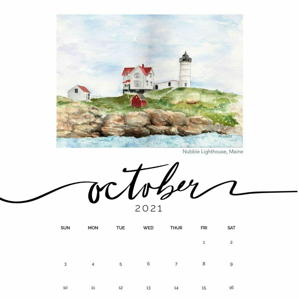 Happy October 1st! Time for a new month, turn the page on a new adventure. I am… #calendar2021 #lighthouseart #watercolorlighthouse #lighthouselover #maine #surfacepatterndesign #mainelighthouse