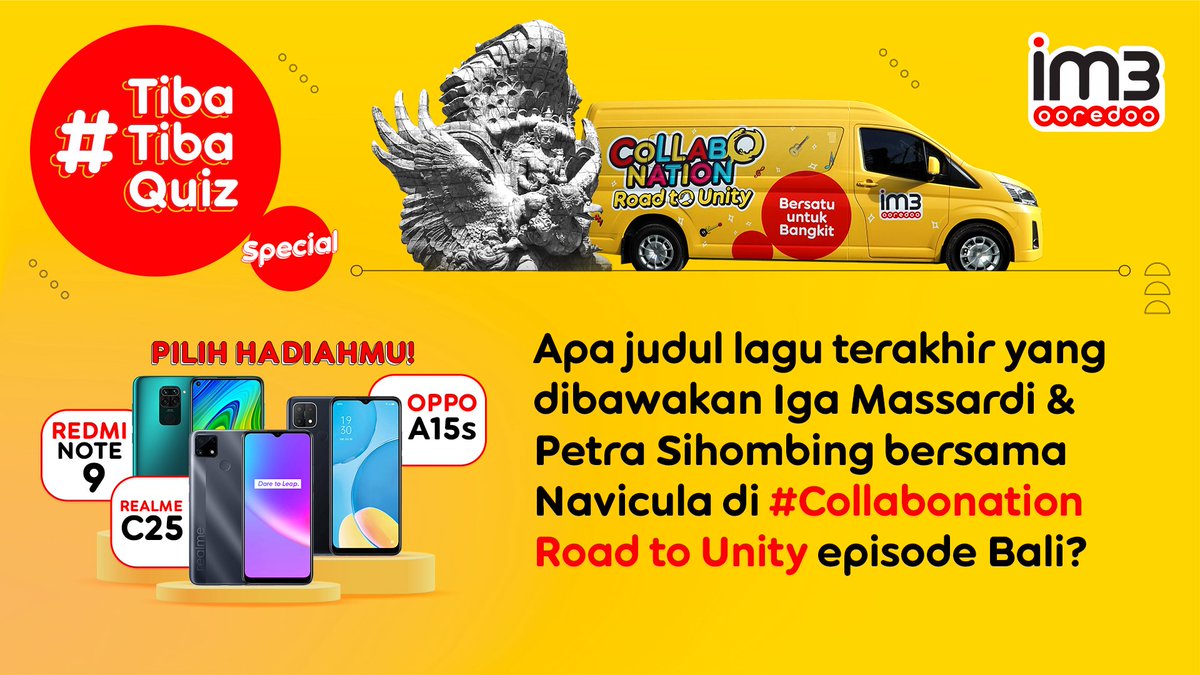 indosatim3's tweet photo. ✨#TibaTibaQuiz time! ✨

Jawab kuisnya &amp; pilih hadiahnya 👉🏻 https://t.co/rauAIBYY7e

Cara:
-Follow Twitter + YouTube @IM3Ooredoo
-RT &amp; REPLY pakai #TibaTibaQuiz #Collabonation #BERSATUuntukBANGKIT
-Tag 3 temen followers @IM3Ooredoo https://t.co/cv6de9a35j