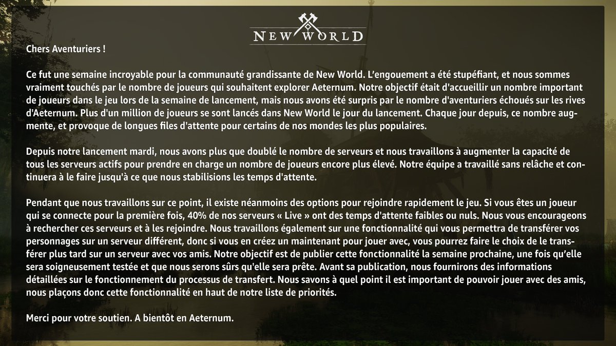 playnewworldFR's tweet image. Un message de la part de notre équipe sur notre lancement, les files d&apos;attente et la migration de vos personnages.