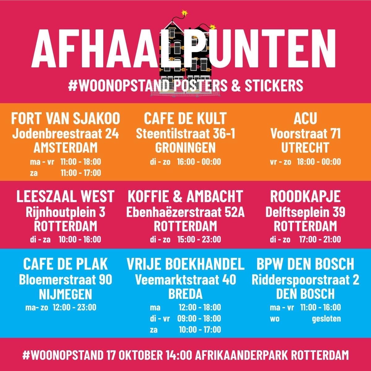 De posters en stickers zijn aangekomen bij <a href="/leeszaalwest/">Leeszaal West</a> in Rotterdam 🎉#woonopstand 

Ook gratis af te halen in Amsterdam, Groningen, Utrecht, Nijmegen, Breda en Den Bosch en andere punten in Rotterdam! (Kan zijn dat ze op sommige afhaalpunten pas morgen verkrijgbaar zijn...)