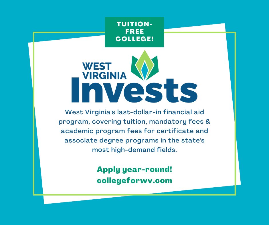 West Virginia Invests is a "last-dollar-in" financial aid program designed to cover the cost of tuition, mandatory fees and academic program fees for certificate or associate degree programs in specific high-demand fields.  Learn more at collegeforwv.com. #CollegeBoundWV