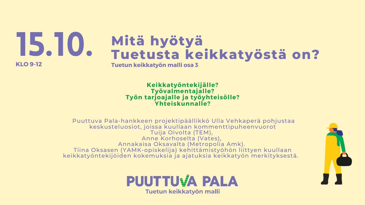 Mitä hyöty Tuetusta keikkatyöstä on? Me tiedämme.

Tule mukaan keskustelemaan! 
Ilmoittaudu 15.10. mennessä: elomake.metropolia.fi/lomakkeet/3155…

#työllisyys #työhönvalmennus #työnantajat #keikkatyö #tuettukeikkatyö #puuttuvapalahanke #ESR #STEA #ESKOTry #metropoliaammattikorkeakoulu
