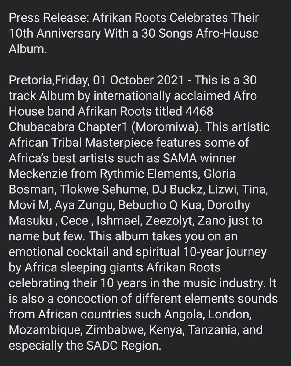 Siar_Maspila's tweet photo. Media Release:
"4468 Chuba Cabra Chapter 1 (Moromiwa)" Album available on all major digital platforms WORLDWIDE!
Stream | Buy | Download Here://africori.to/chubacabra
#10YearsOfAfrikanRoots #4468CCC1 #AlbumOut #NewMusicFriday #RT β€ https://t.co/daIbUWE5DB