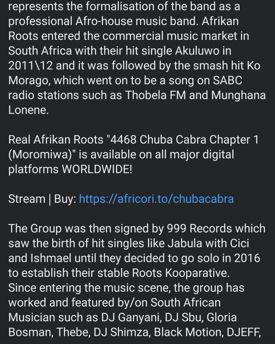 Siar_Maspila's tweet photo. Media Release:
"4468 Chuba Cabra Chapter 1 (Moromiwa)" Album available on all major digital platforms WORLDWIDE!
Stream | Buy | Download Here://africori.to/chubacabra
#10YearsOfAfrikanRoots #4468CCC1 #AlbumOut #NewMusicFriday #RT β€ https://t.co/daIbUWE5DB