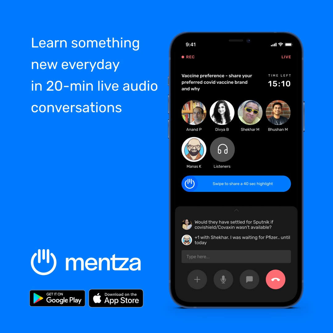 AAPVed's tweet photo. Audio content market in India is at an inflection point and Mentza App model of delivering curated content in a 20 minute capsule of rich conversations is a powerful idea. EdTech needs more effortless and safer formats and live audio addresses that gap. https://t.co/AMGj9tfJWL