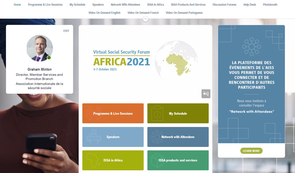 ISSACOMM's tweet photo. The interactive platform for the Virtual Social Security Forum - Africa is now open for registered participants. Registered participants can complete their profile, network and build their own programme. The Forum starts on 5 October at 11:30 CET. #ISSAVSSFAfrica #SocialSecurity https://t.co/eSrgy9kxtB