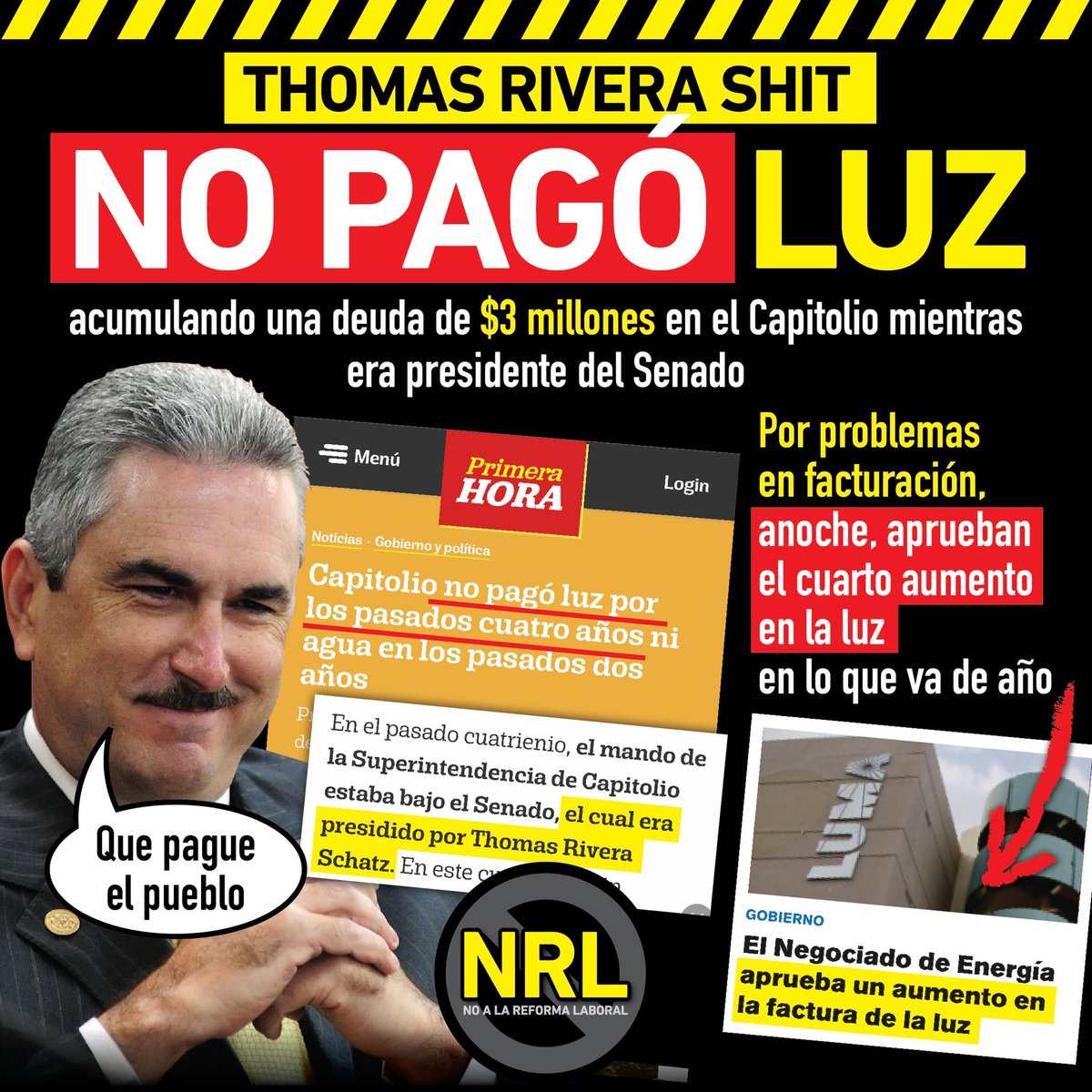 NoReformaPR's tweet photo. @ppdpr @DalmauSenador @tatitohdz @luisvegaramos @angelmatos @ramontorrex @RepTitoFourquet @CheitoRiveraMad @anibalacevedo @JuanZaragozaPR Hoy @trschatz51 se para en @TelenoticiasPR “defendiendo” al pueblo de aumentos en luz pero dejó una deuda de $3 millones por no pagar la luz del capitolio mientras era presidente del senado. Hoy LUMA nos pasa su factura. Don’t forget @garciapadillaPR @carlosdiazolivo @LPabonRoca https://t.co/upXS4dq2hL
