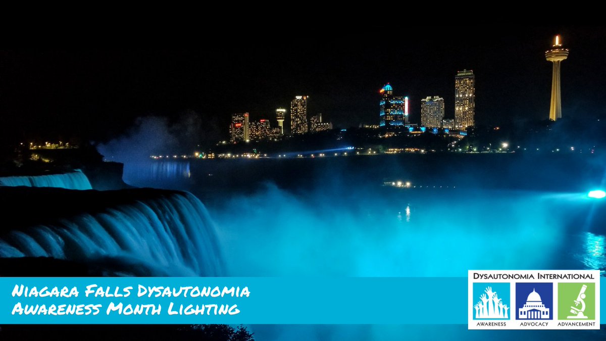 Dysautonomia's tweet photo. Niagara Falls is lighting up turquoise tonight to help us kick off our 10th Annual Dysautonomia Awareness Month campaign! You can view the lighting on our social media channels at 10:00PM ET. Learn how to get involved with Dysautonomia Awareness Month at https://t.co/dzYfauuxZr! https://t.co/kfjdF2ULtF