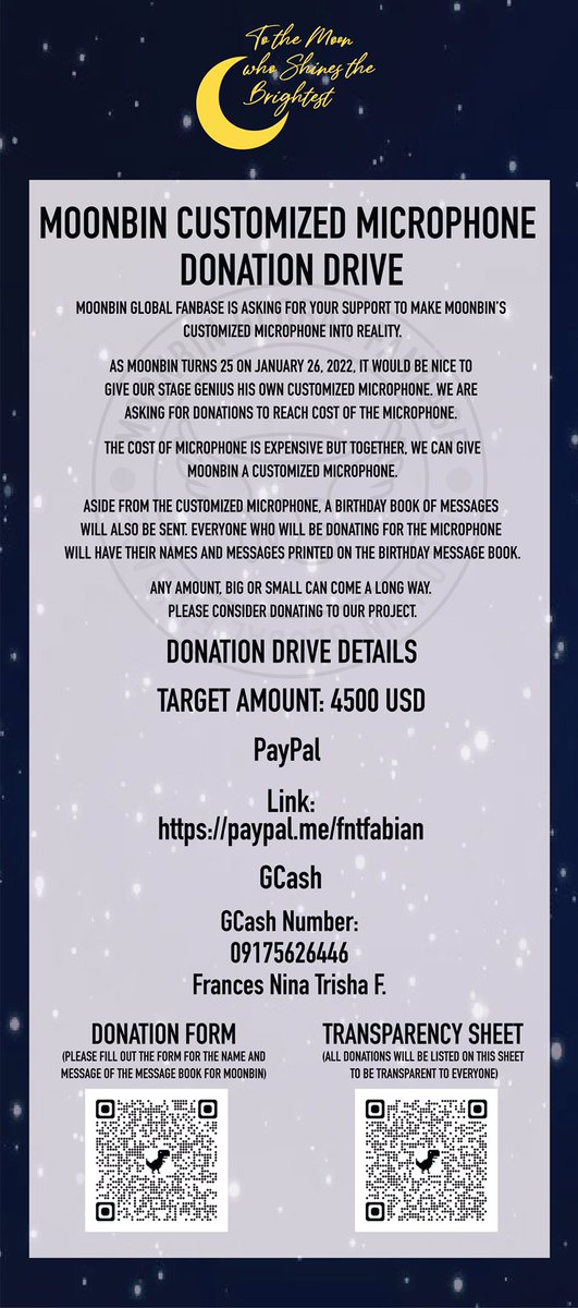 MoonBinGlobal's tweet photo. 📣DONATION DRIVE FOR MOONBIN’S BIRTHDAY PROJECT📣

[THREAD]

We open the Donation Drive for 2022 MOONBIN’S BIRTHDAY PROJECT, Titled TO THE MOON WHO SHINES THE BRIGHTEST. This project aims to give MOONBIN his own Customized Microphone.

#MOONBIN #문빈 @offclASTRO #ASTRO #아스트로 https://t.co/ePCuEWaFJ8