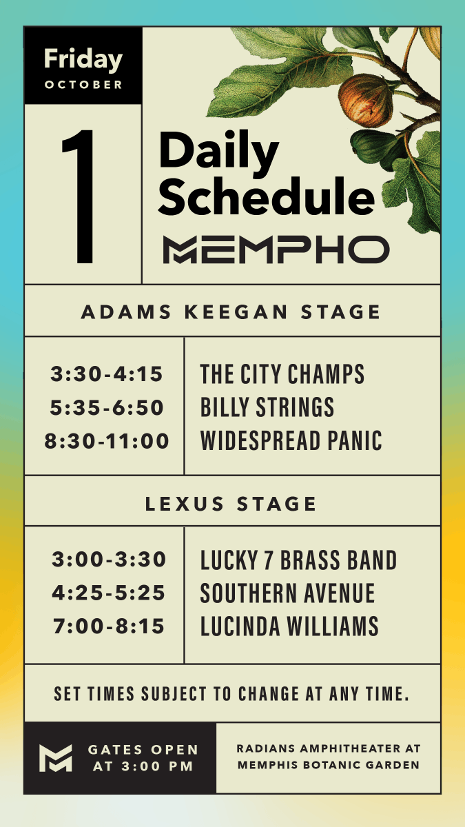 MemphoFest's tweet photo. Gates are opening at 3:00pm! Check out today’s schedule and get excited for Day 1 🎶
PRO TIP: Save this schedule to your phone and make it your screensaver for easier viewing #MemphoFest https://t.co/foh8a4yH24