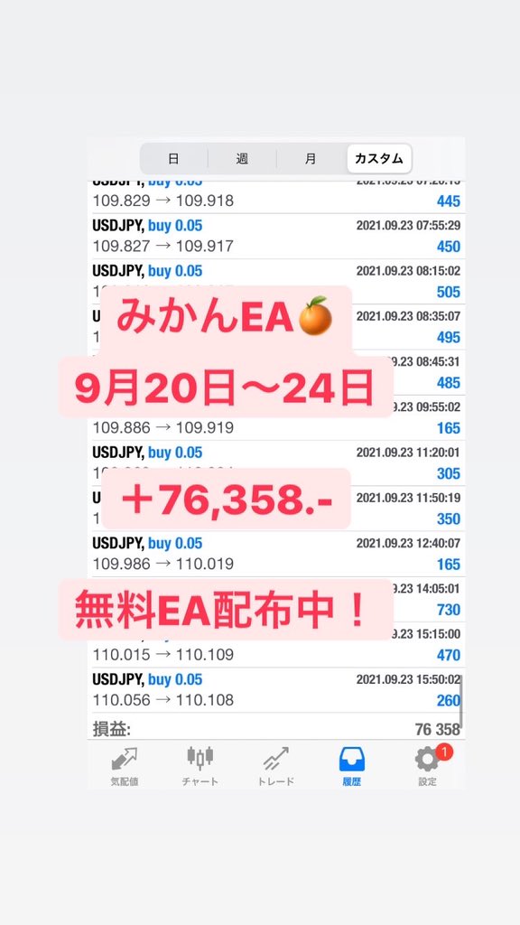 hopeman0004's tweet photo. 無料みかんEA🍊

9月20日〜24日結果報告
＋76,358.-

⭐️完全無料，追加料金無し⭐️
＊最低運用資金額1万円

・ここ数ヶ月負け無し
・低資金から出来る

気軽にLINE@追加どうぞ

👉 https://t.co/KjJv9jDx6e

#みかんEA #FX自動売買 #無料EA #副業 
#ドル円  #相場 #ユーロ円 #オージー円 #利確 https://t.co/MRJbRlL3Je