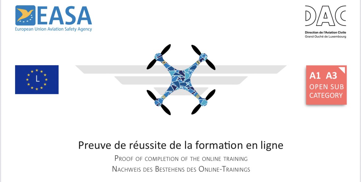 matteodpt's tweet photo. Esperienza veramente piacevole per il conseguimento del patentino #drone (Attestato EASA A1+A3) valido in tutti gli stati dell’UE. 

Corso proposto dall’Ente per l’Aviazione Civile Lussemburghese DAC veramente ottimo, ben strutturato e anche gratuito.
#trainingZone https://t.co/rAPdrDGA7g