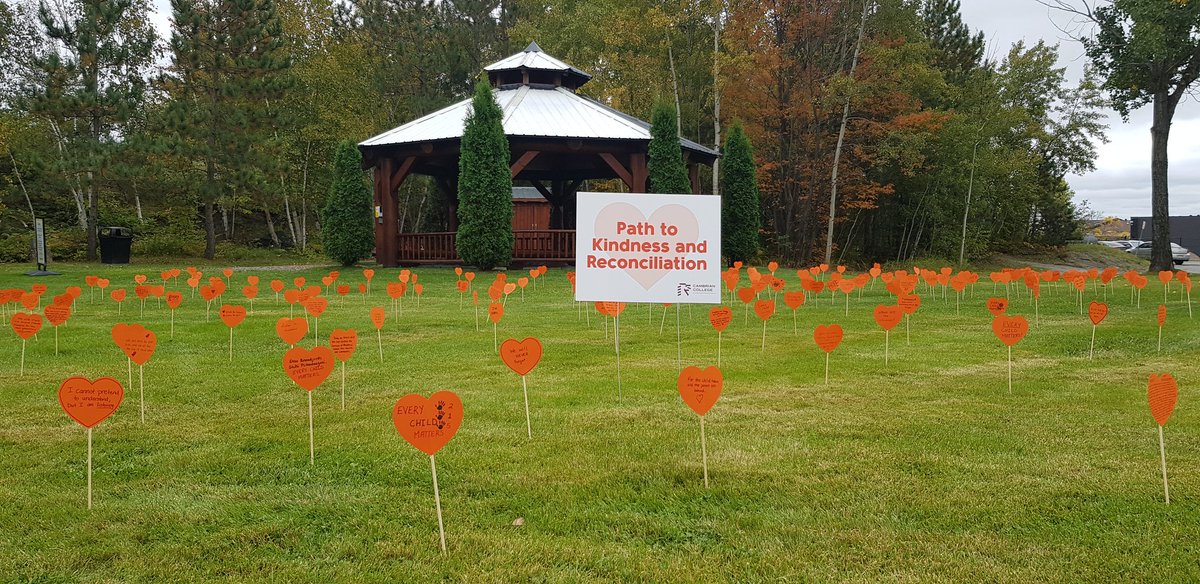 Marlonglobal's tweet photo. About 200 orange hearts decorate the Sacred Fire Arbour @cambriancollege commemorating the national Day of Truth and Reconcilation. #EveryChildMatters https://t.co/O0A5RCHWLA