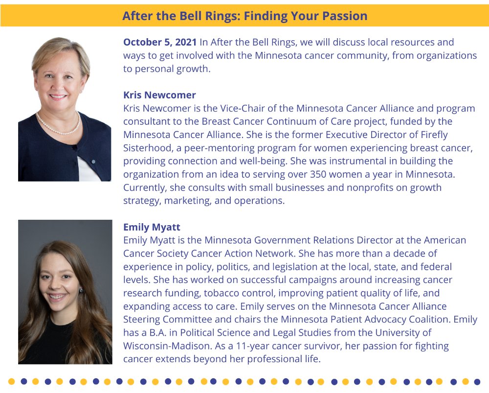 UMNCancer's tweet photo. Our next #UMNCancer #CancerSurvivorship THRIVE Series Session, After the Bell Rings: Finding Your Passion, is Tuesday, Oct 5 at 6 pm. Learn more and register: https://t.co/38UZz8WP1W #UMNProud #GOpherACure #YourCancerCenter #MNCancerCenter https://t.co/CeMsuHY2mw