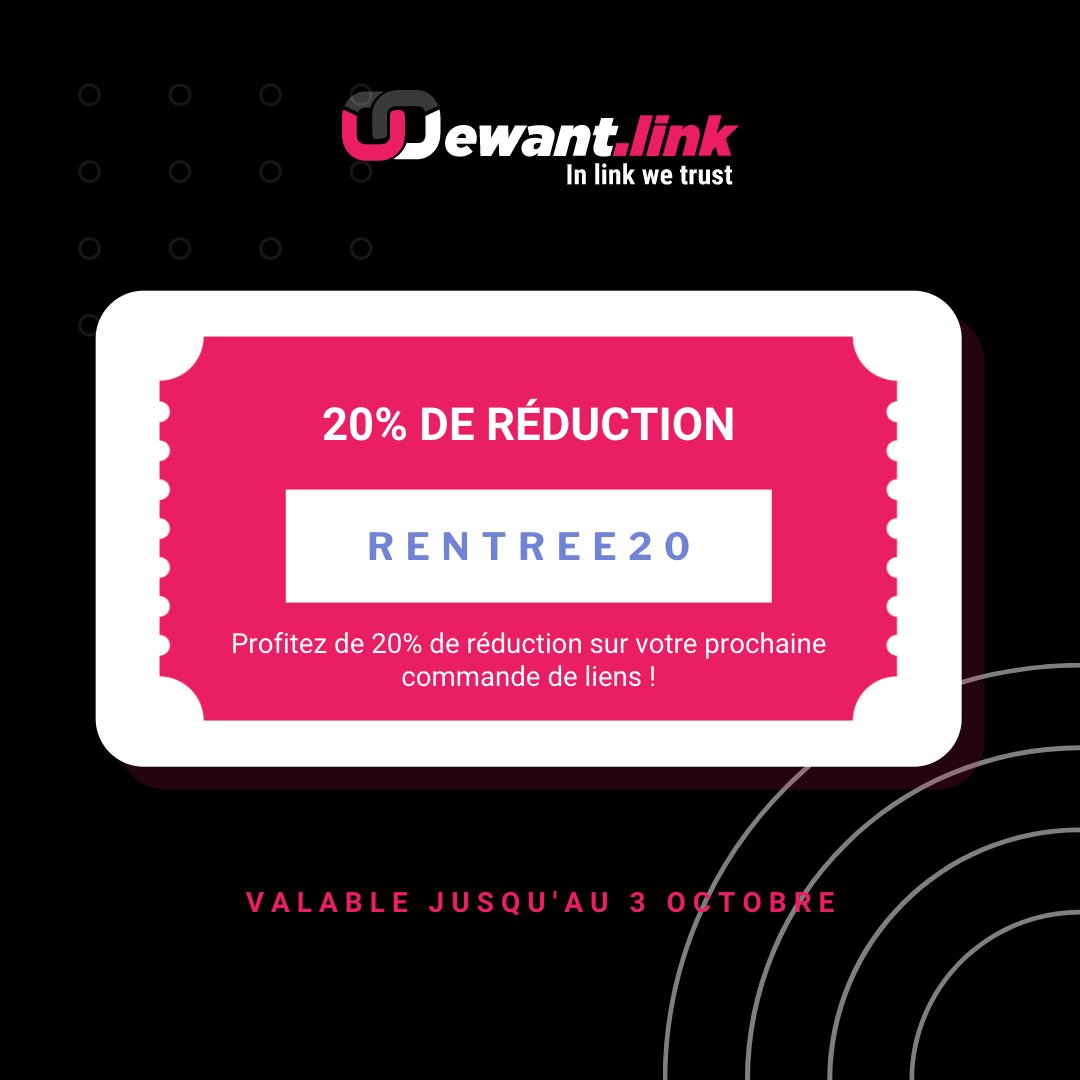 wewantlink's tweet photo. Profitez de 20% de #réduction sur votre prochaine commande de #netlinking. 🔗

Notre code promo de rentrée reste valable jusqu'à dimanche ! 🥷🏻 https://t.co/i6RMNzqe57