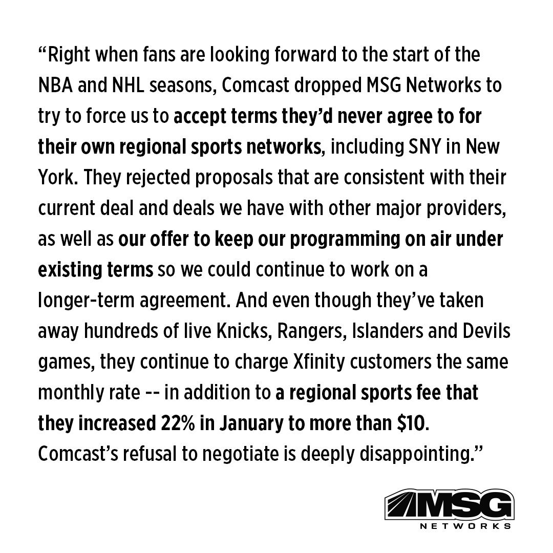DevilsMSGN's tweet image. Comcast has dropped MSG Networks and the teams you love. Switch now to get your games. #KeepMSG

➡️ keepmsg.com
